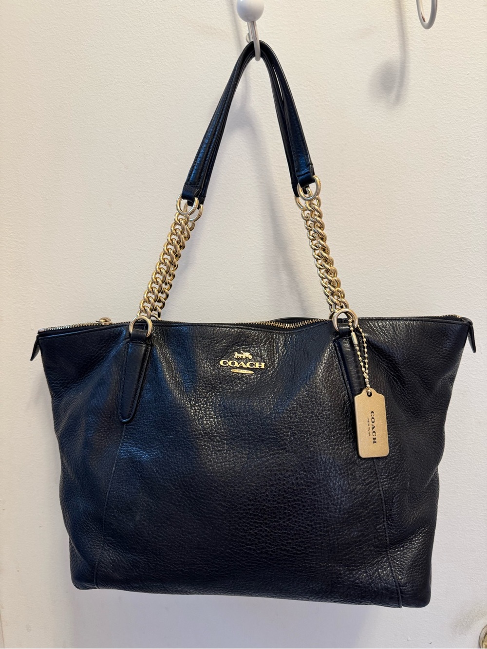 Coach AVA Black Pebbled Leather Tote with Gold Chain Straps and original tag.